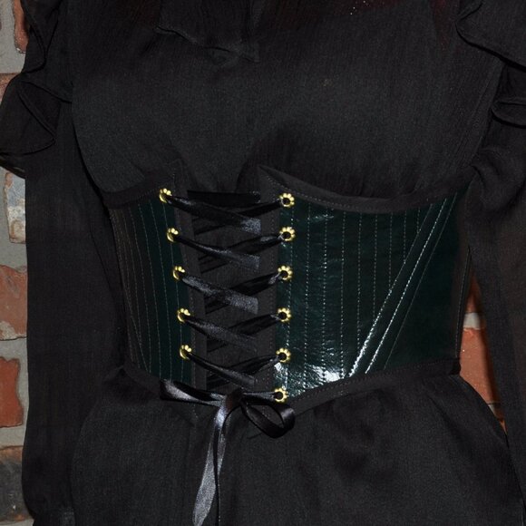 Back & Front Lace-up Corset Belt Dark Shiny Green Faux Leather W/ Boning XS - Picture 2 of 9